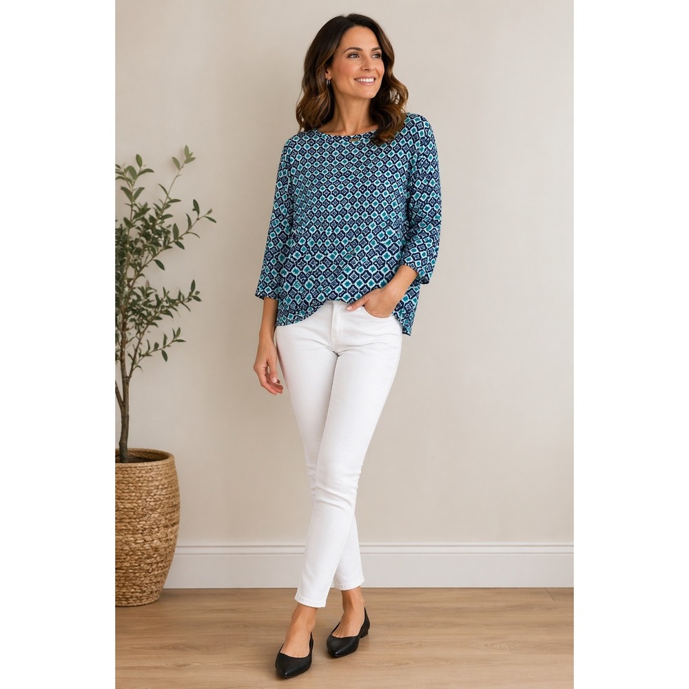 Chico's Blue Geometric Ikat Boat Neck 3/4 Sleeve Cotton Modal Top 2‎ L 12